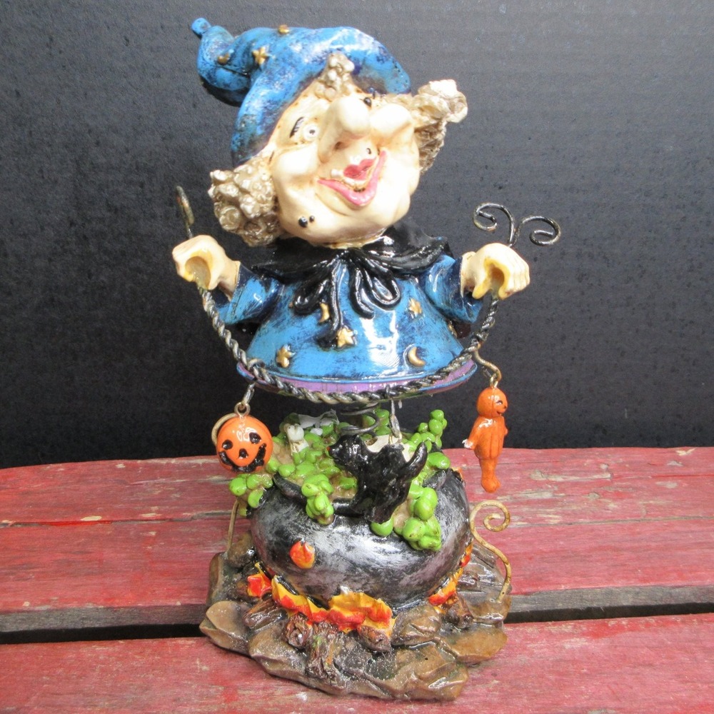 VTG Halloween Witch Bobble Spring Figurine Cauldron Black Cat Pumpkin 9" Tall